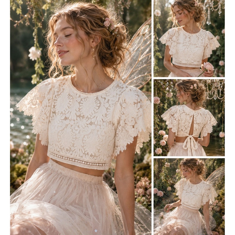 Fairycore Ivory Lace Crop Top‎ Tie Back Flutter Sleeve Romantic Cottagecore M